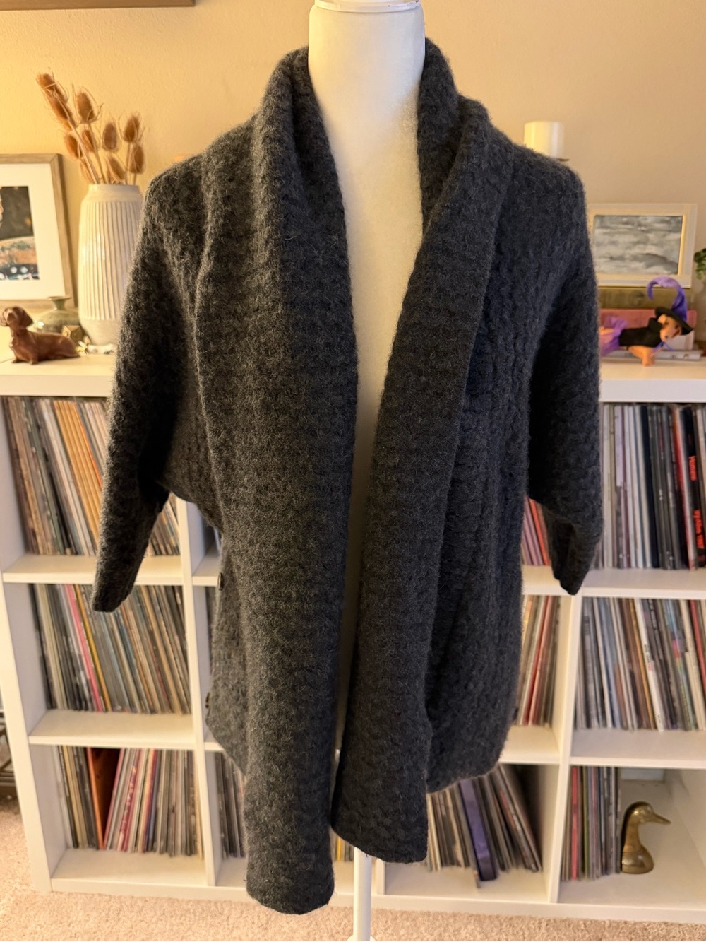 Size Small Garnet Hill Charcoal Gray 100% Cashmere Open Front Knit Cardigan